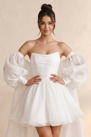 Strapless Tulle A - Line Mini Wedding Dress with Cape in White - KissProm Wedding Dresses