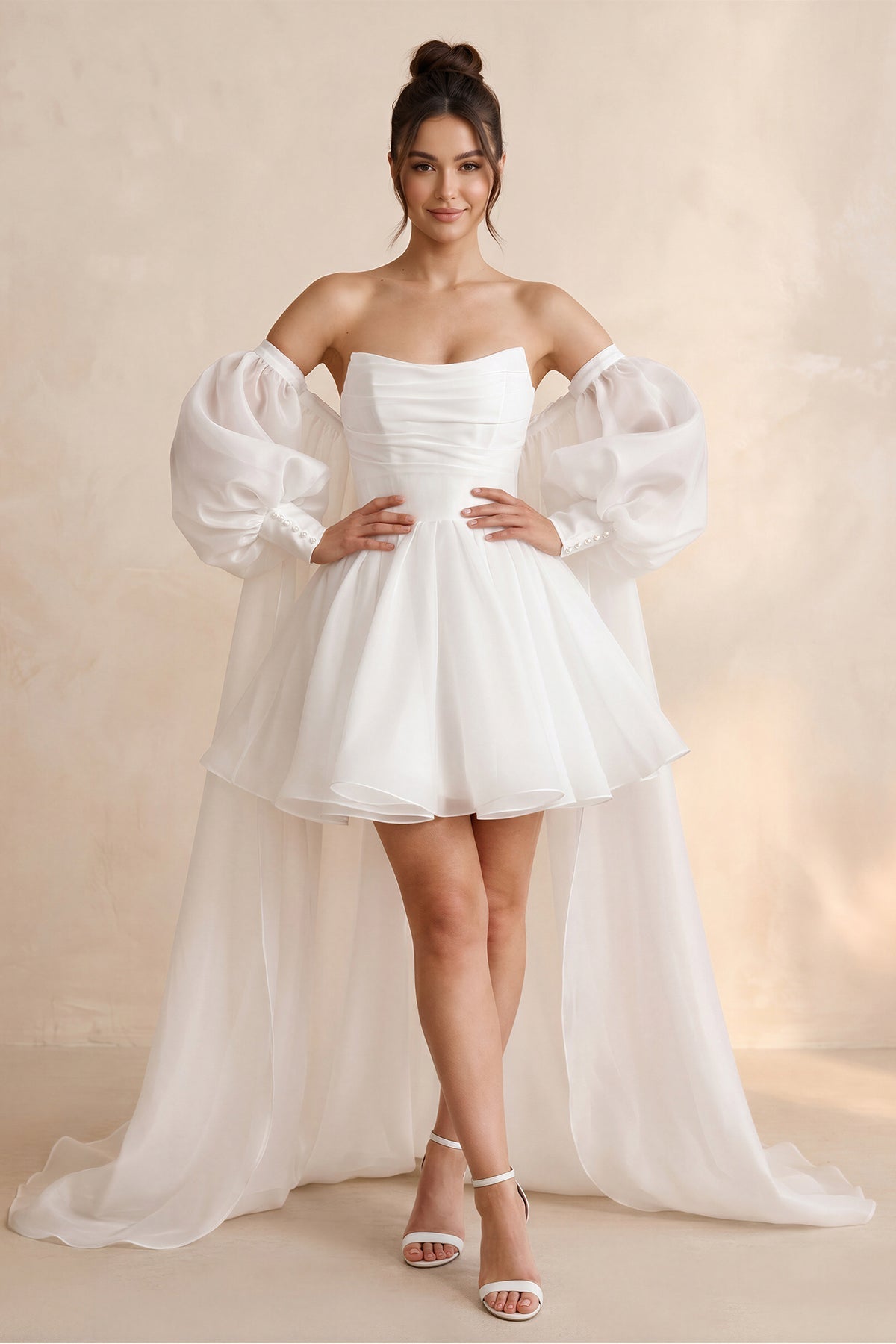 KissProm Strapless Tulle A-Line Mini Wedding Dress with Cape in White, White / 24