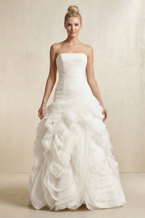 Strapless Tulle A - Line Pleated Ruffled Wedding Dress in White - KissProm Wedding Dresses