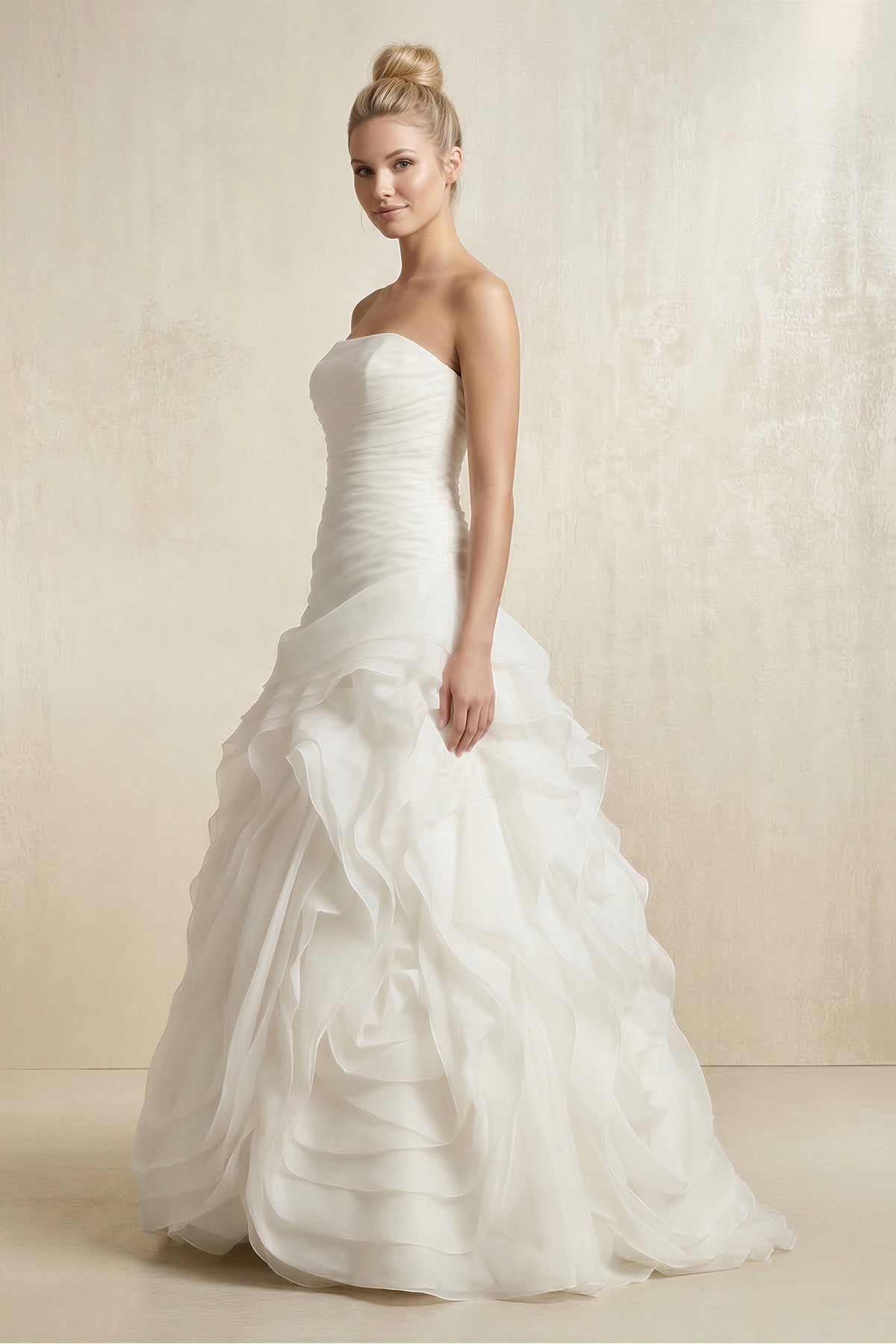 KissProm | Strapless Tulle A-Line Pleated Ruffled Wedding Dress in White KissProm | Strapless Tulle A-Line Pleated Ruffled Wedding Dress in White