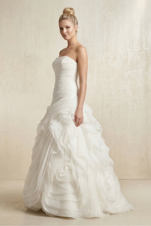 Strapless Tulle A - Line Pleated Ruffled Wedding Dress in White - KissProm Wedding Dresses