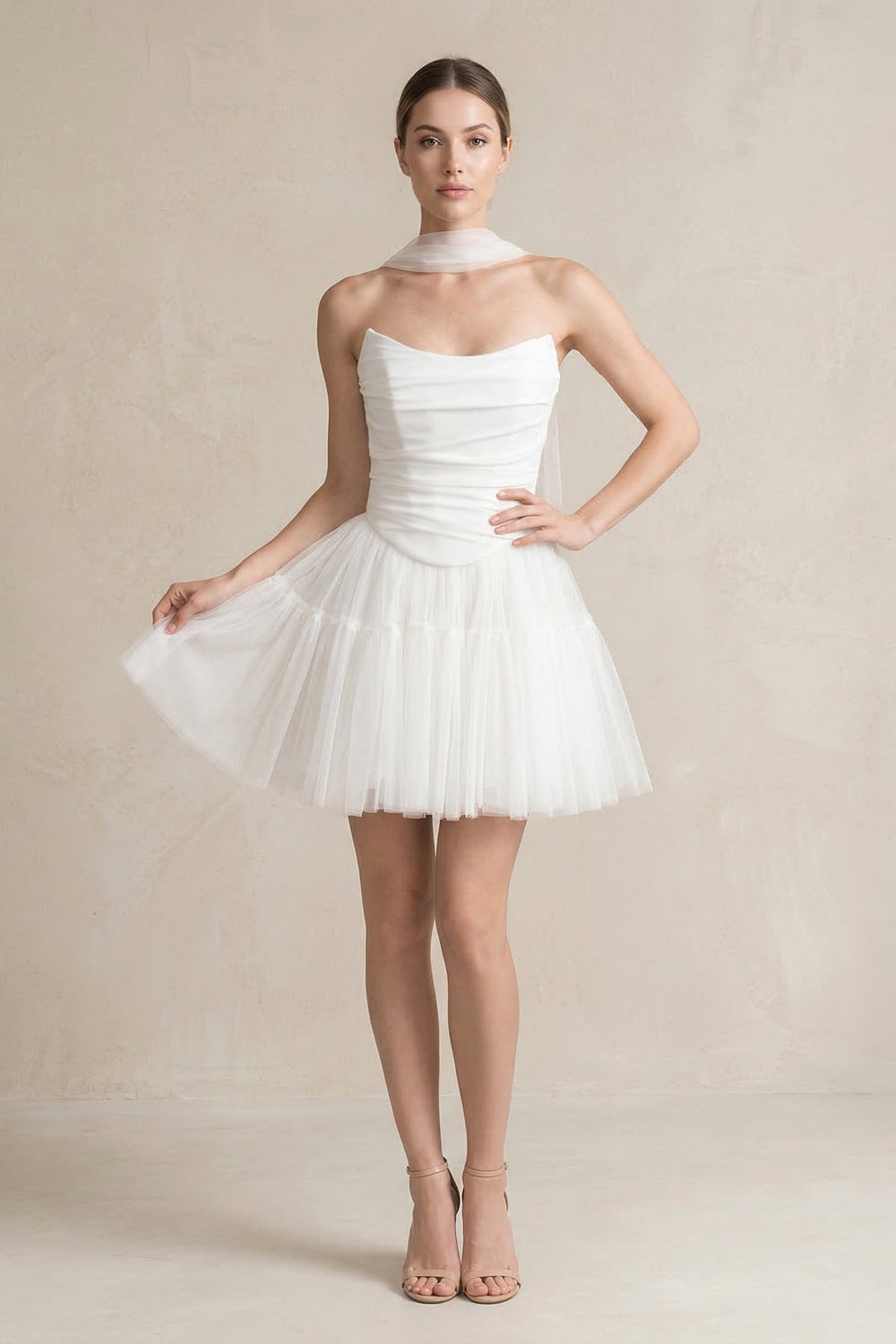 Strapless Tulle A - Line Ruched Mini Wedding Dress in White - KissProm Wedding Dresses