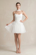 Strapless Tulle A - Line Ruched Mini Wedding Dress in White - KissProm Wedding Dresses