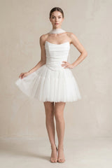 Strapless Tulle A - Line Ruched Mini Wedding Dress in White - KissProm Wedding Dresses