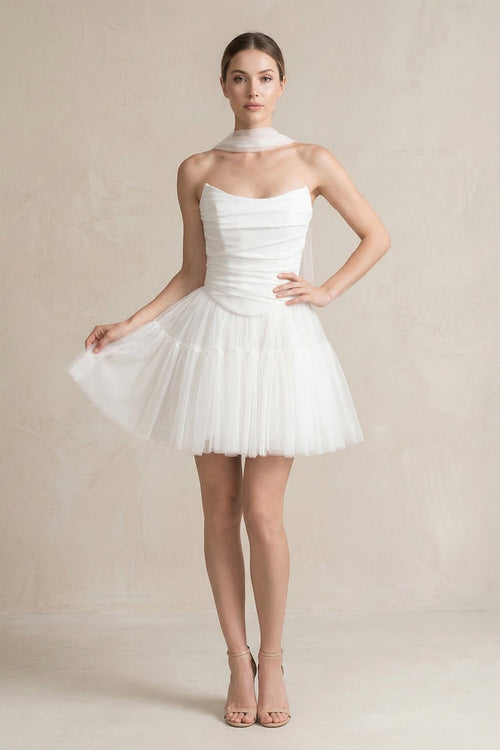 Strapless Tulle A - Line Ruched Mini Wedding Dress in White - KissProm Wedding Dresses