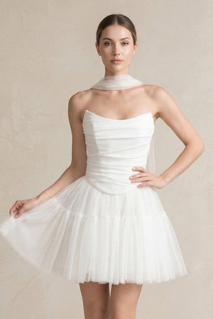 Strapless Tulle A - Line Ruched Mini Wedding Dress in White - KissProm Wedding Dresses