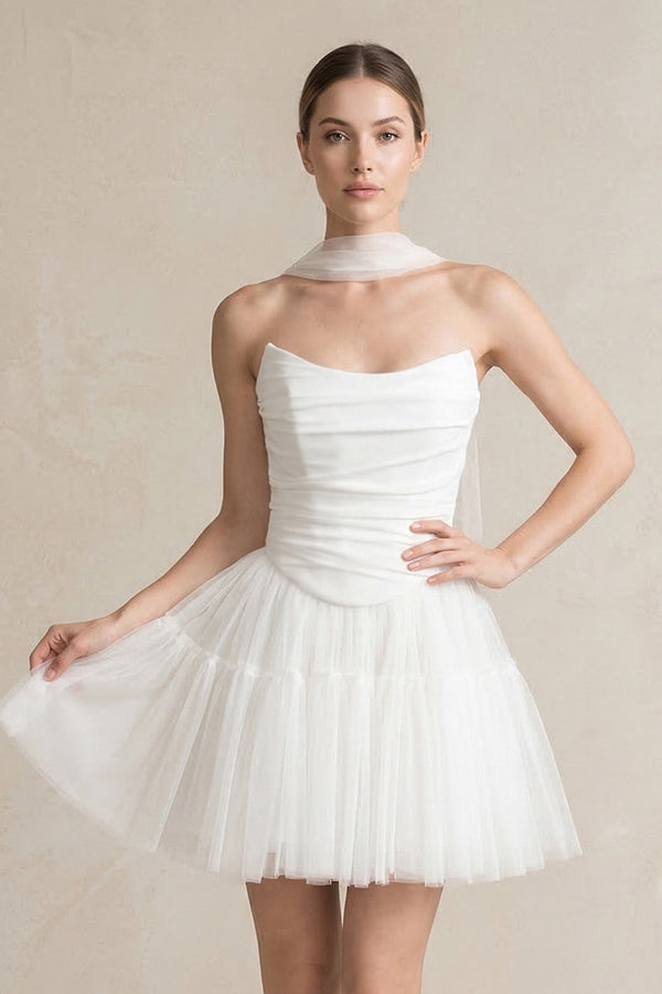 Strapless Tulle A - Line Ruched Mini Wedding Dress in White - KissProm Wedding Dresses
