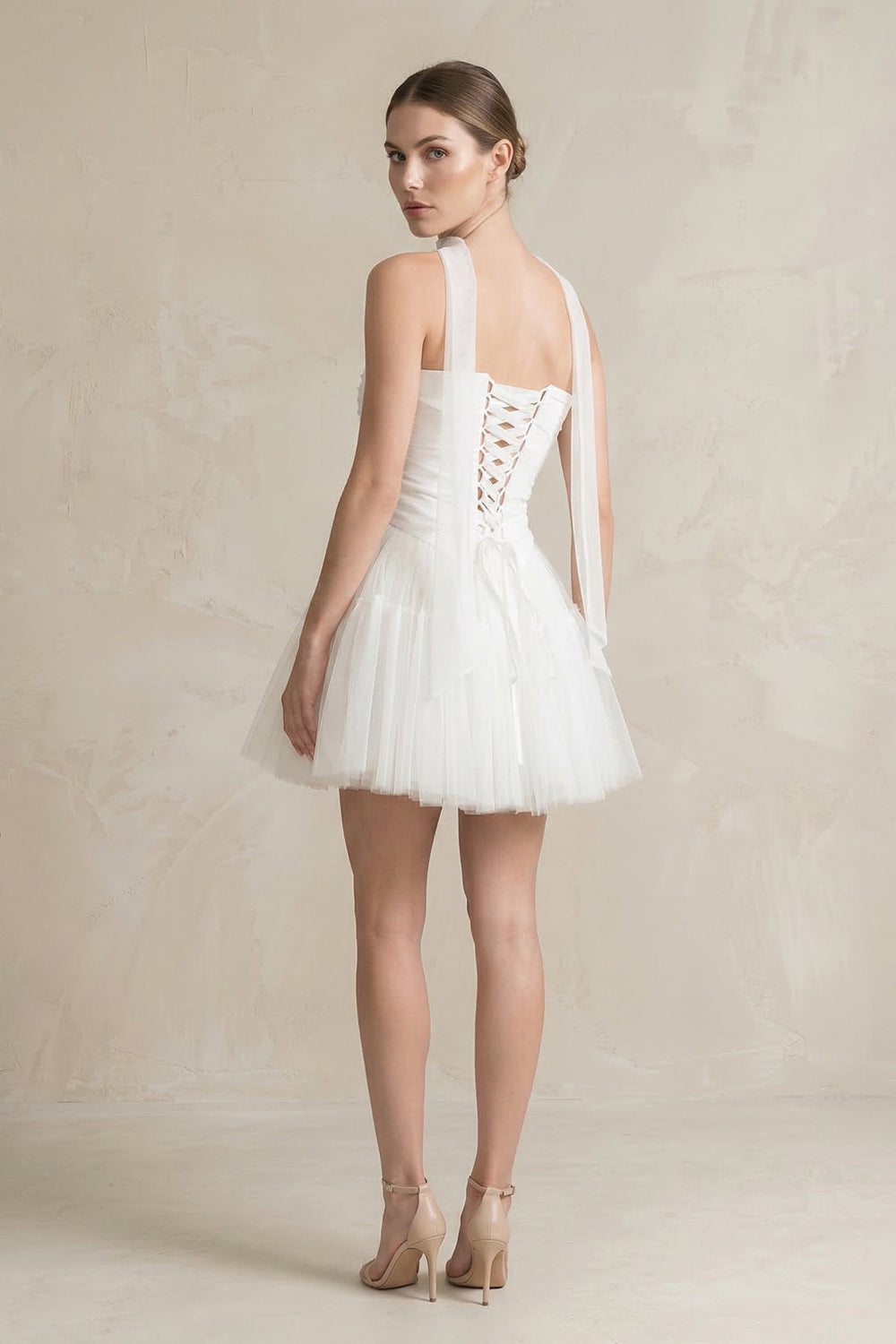 Strapless Tulle A - Line Ruched Mini Wedding Dress in White - KissProm Wedding Dresses