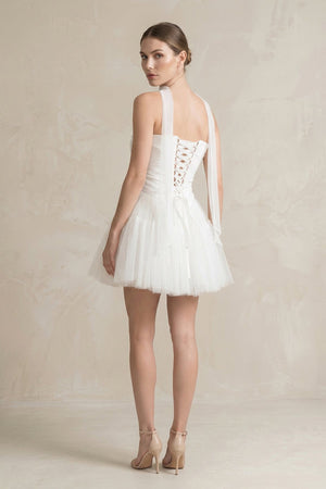 Strapless Tulle A - Line Ruched Mini Wedding Dress in White - KissProm Wedding Dresses