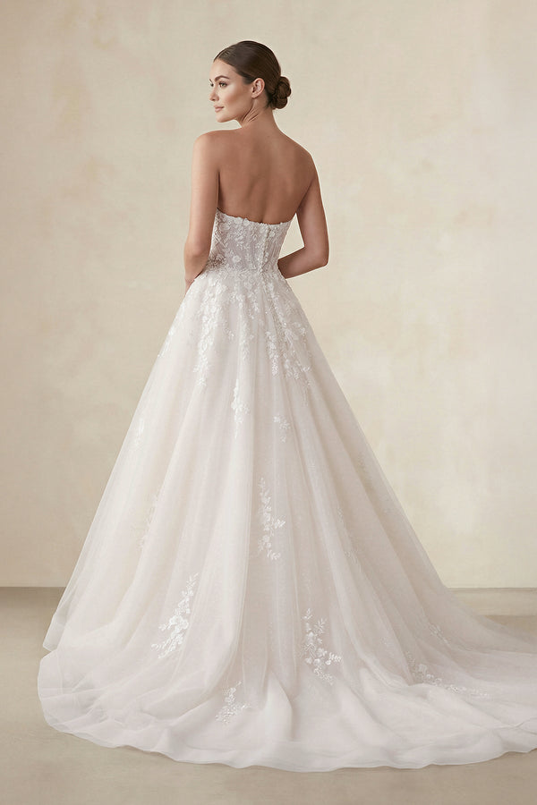 Strapless Tulle A Line Wedding Dress With Appliques in Ivory - KissProm Wedding Dresses