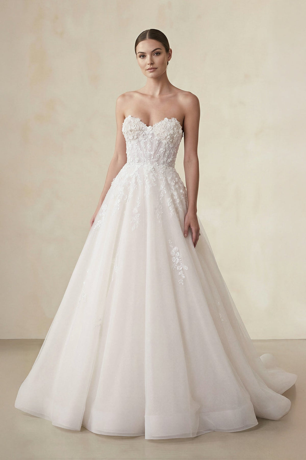 Strapless Tulle A Line Wedding Dress With Appliques in Ivory - KissProm Wedding Dresses