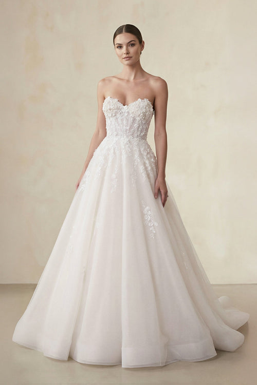 Strapless Tulle A Line Wedding Dress With Appliques in Ivory - KissProm Wedding Dresses