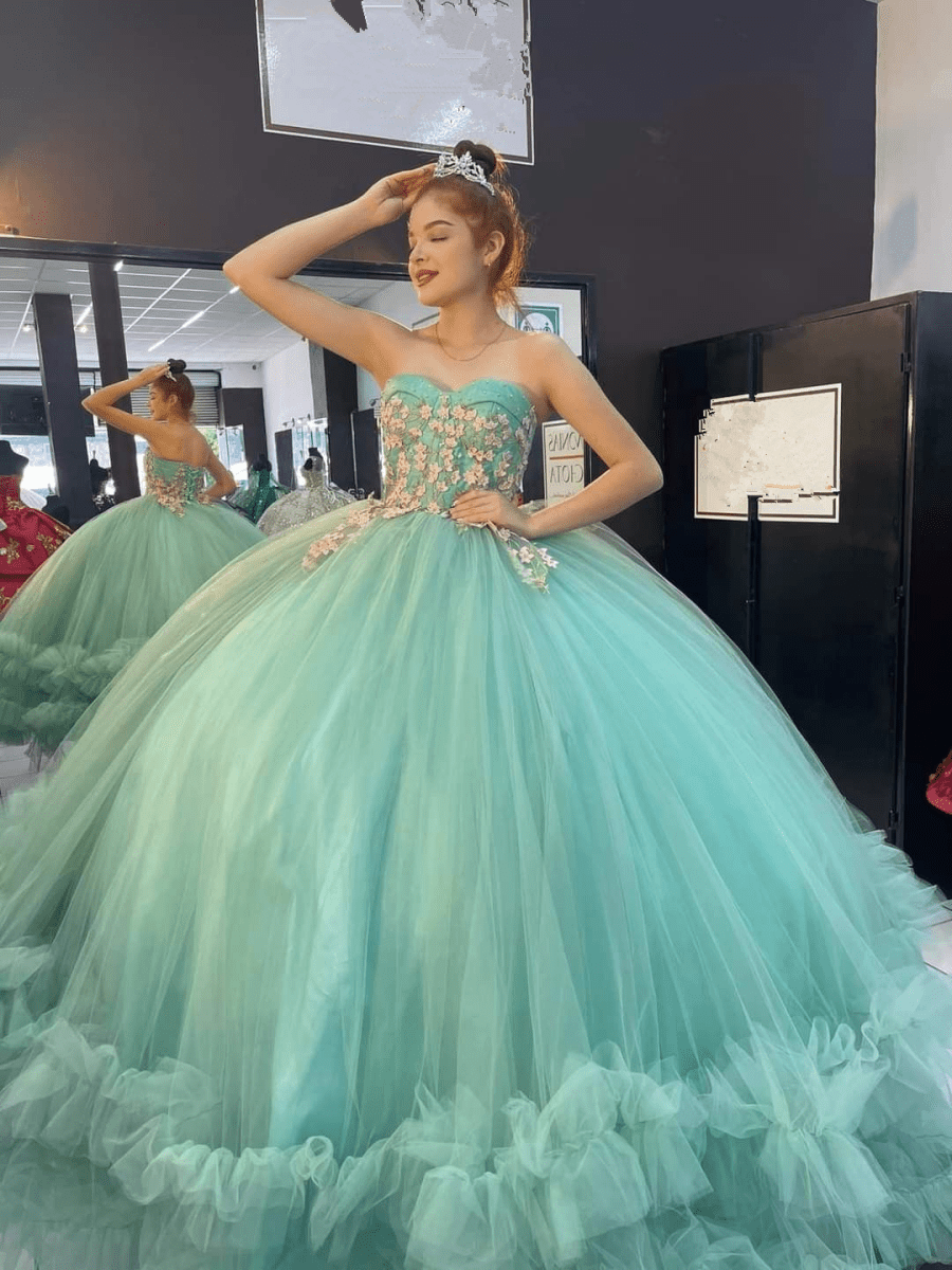 Sage Green Strapless Tulle Ball Gown Quinceanera Dress, Sage Green / 20