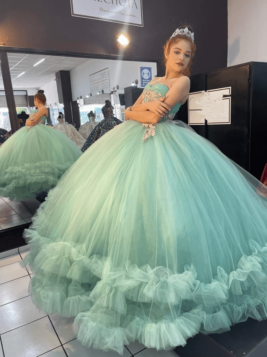 Sage Green Strapless Tulle Ball Gown Quinceanera Dress, Sage Green / 20