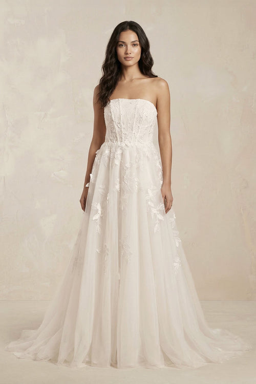 Strapless Tulle Corset A - Line Appliqued Wedding Dress in Ivory - KissProm Wedding Dresses