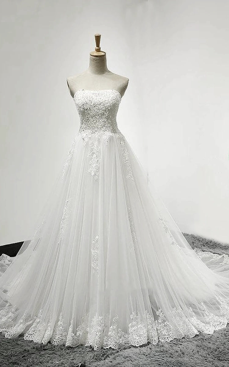 Strapless Tulle Wedding Dress With Lace Bodice Court Train - KissProm
