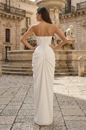 Sky Blue Strapless Sheath Chiffon Pleated Long Prom Dress with Slit - KissProm