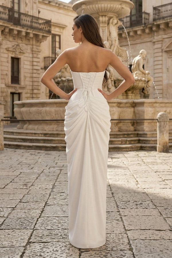 Sky Blue Strapless Sheath Chiffon Pleated Long Prom Dress with Slit - KissProm