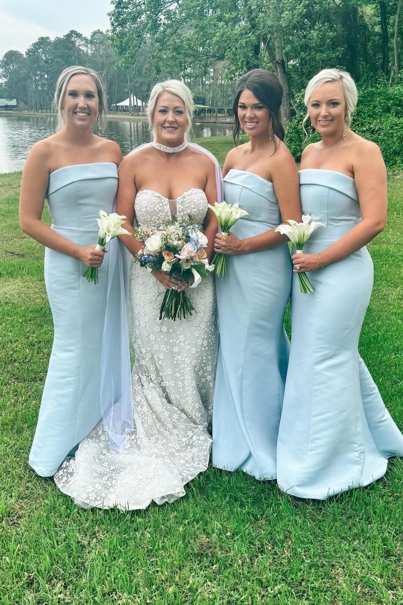 Strapless Aqua Blue Mermaid Satin Long Bridesmaid Dress - KissProm
