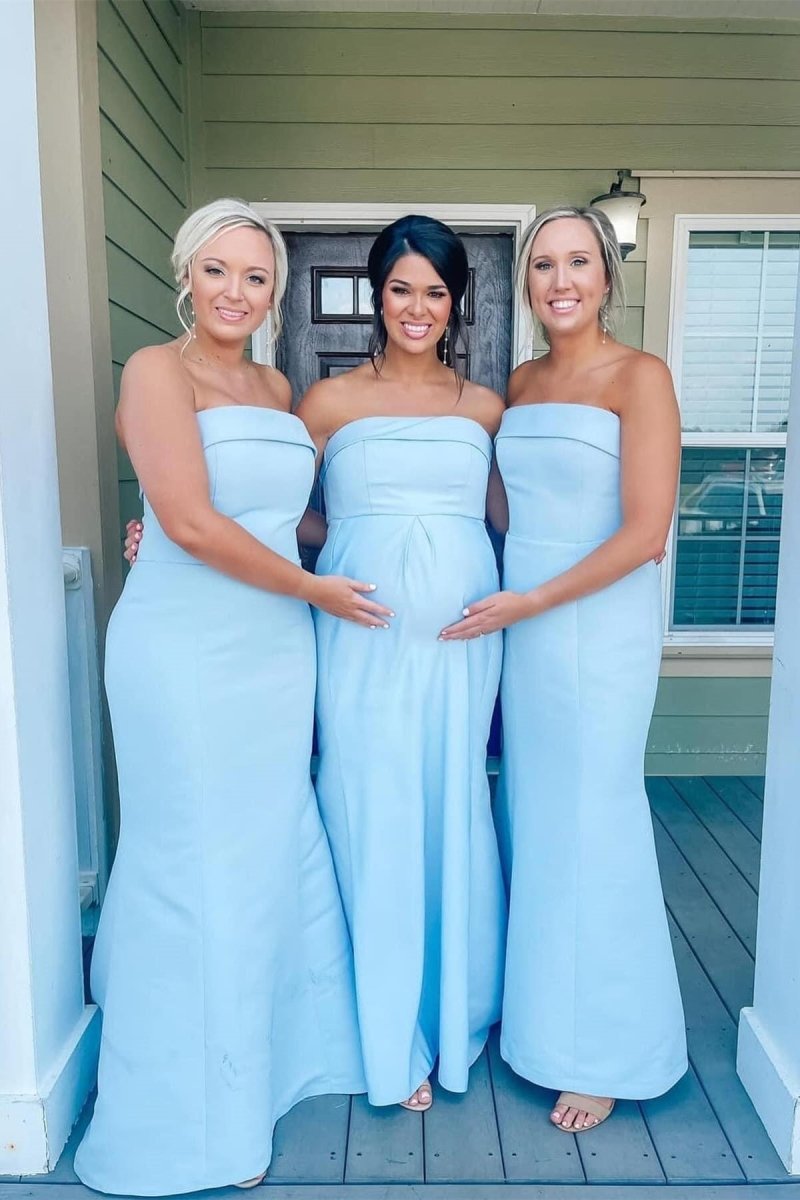 Strapless Aqua Blue Mermaid Satin Long Bridesmaid Dress - KissProm