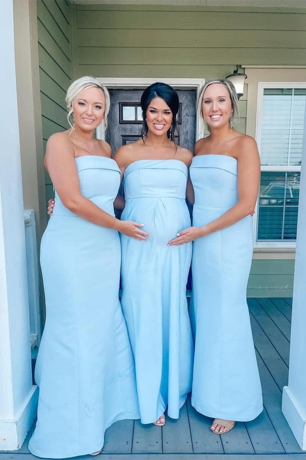 Strapless Aqua Blue Mermaid Satin Long Bridesmaid Dress - KissProm