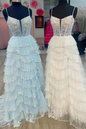 Abbie | Straps Black Mesh Cutout Sequined Layered Long Prom Dress