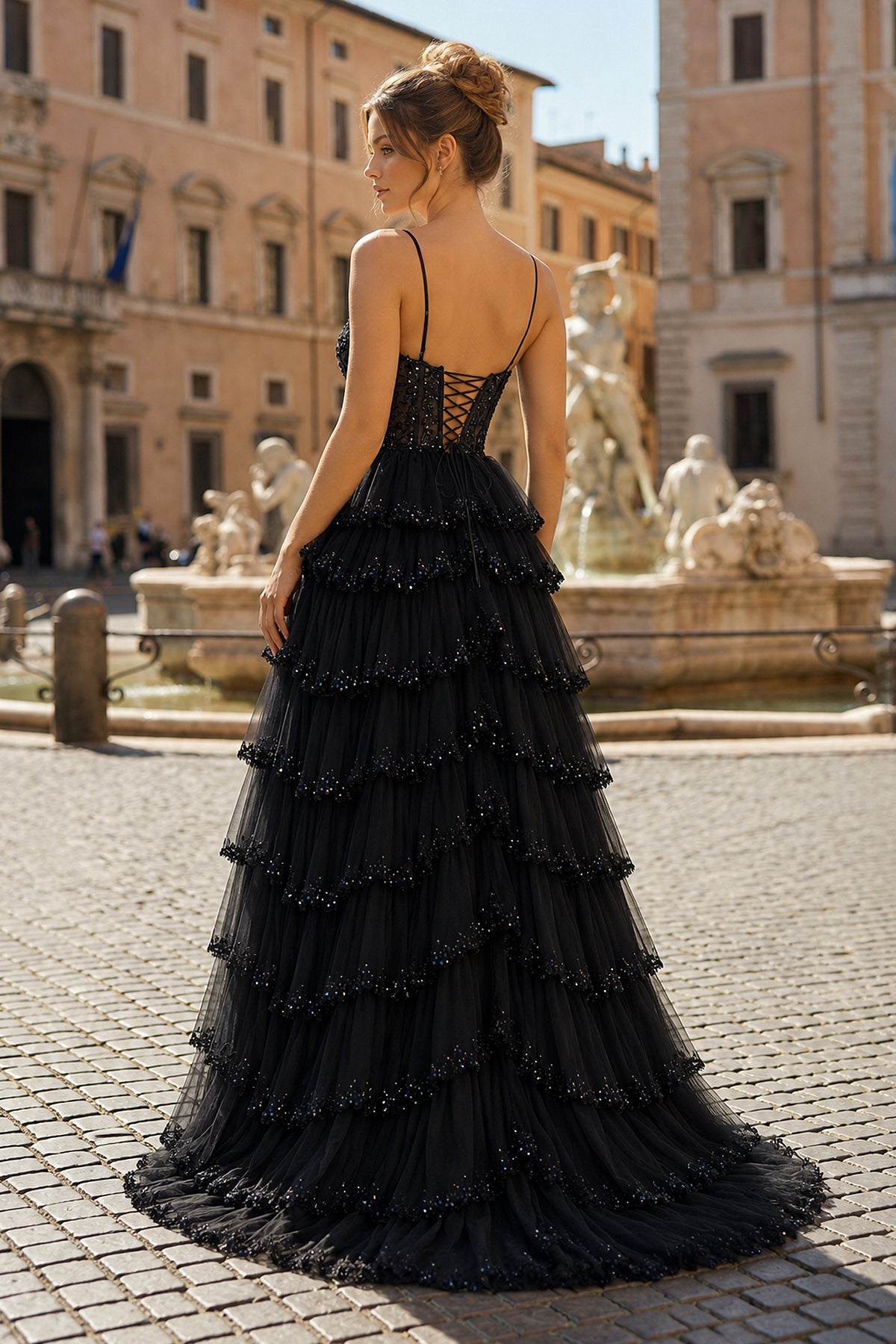 Straps Black Mesh Cutout Sequined Layered Long Prom Dress Straps Black Mesh Cutout Sequined Layered Long Prom Dress