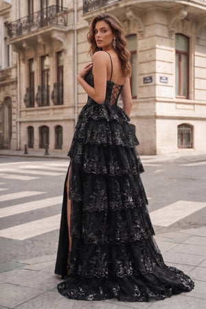 Straps Black Sequin Layered Formal Dress with Slit - KissProm