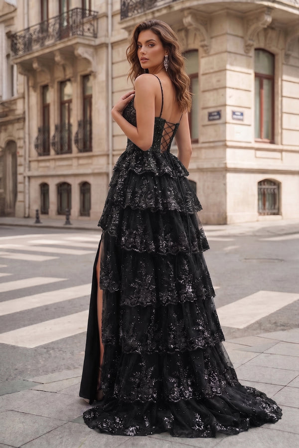 Straps Black Sequin Layered Formal Dress with Slit - KissProm