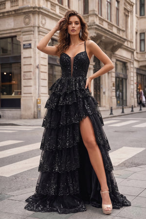 Straps Black Sequin Layered Formal Dress with Slit - KissProm