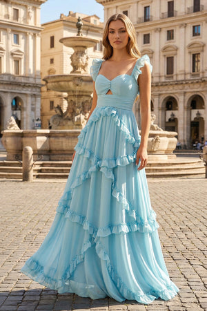 KissProm-Hubery A-Line Straps Blue Chiffon Ruffles Long Prom Dress