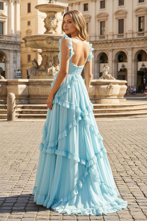 KissProm-Hubery A-Line Straps Blue Chiffon Ruffles Long Prom Dress