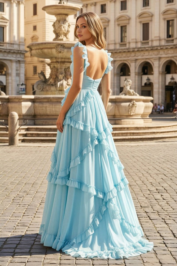 A-Line Straps Sky Blue Chiffon Ruffles Long Prom Dress Blue / 2 A-Line Straps Sky Blue Chiffon Ruffles Long Prom Dress Blue / 2