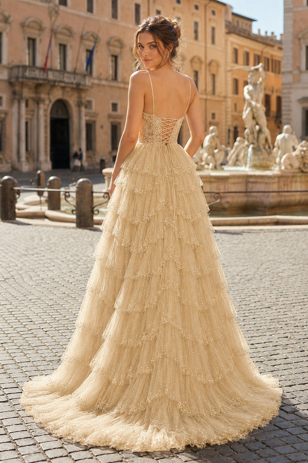 Straps Champagne Mesh Cutout Sequined Layered Long Prom Dress-KissProm