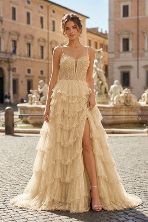 Straps Champagne Mesh Cutout Sequined Layered Long Prom Dress-KissProm