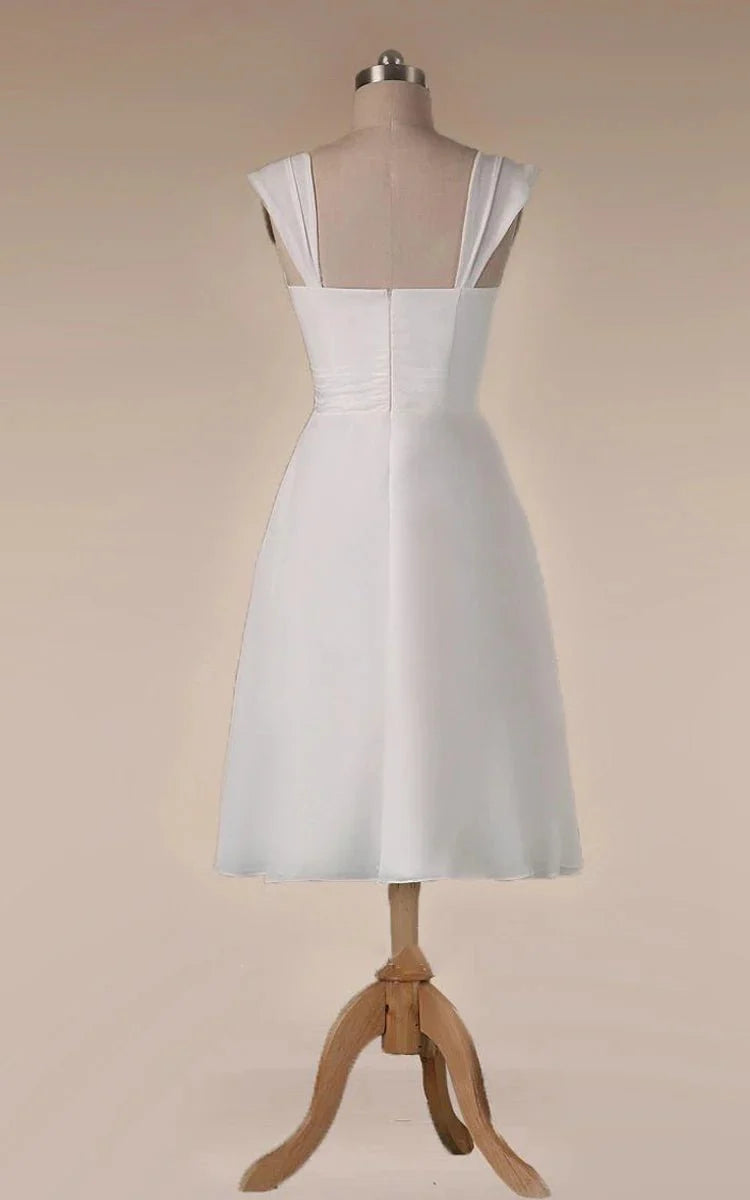 sachin and babi light blue dress Straps Empire Waist Sheath Tea-Length Chiffon Wedding Dress, Diamond White / 6