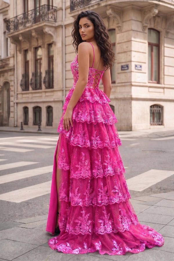 Straps Fuchsia Sequin Layered Formal Dress with Slit - KissProm