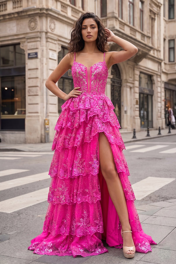 Straps Fuchsia Sequin Layered Formal Dress with Slit - KissProm