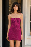 Hot Pink Sheath Sweetheart Neck Sequins Mini Party Dresses - KissProm
