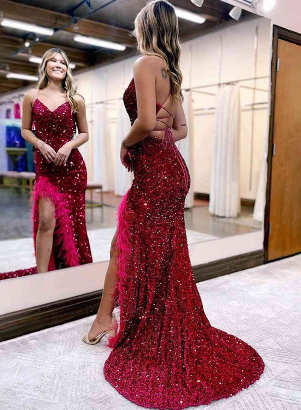 Kadrina |Mermaid V Neck Sequins Long Prom Dress with Slit