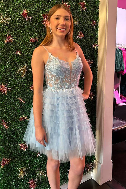 Straps Sky Blue Corset A-Line Ruffle Homecoming Dress Straps Sky Blue Corset A-Line Ruffle Homecoming Dress