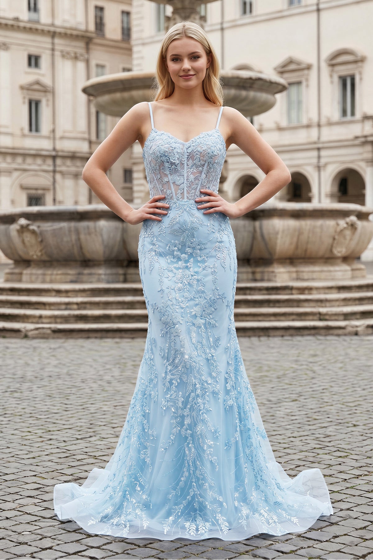 KissProm Straps Sky Blue Spaghetti Straps Sequin Appliques Mermaid Prom Dress, Sky Blue / 12