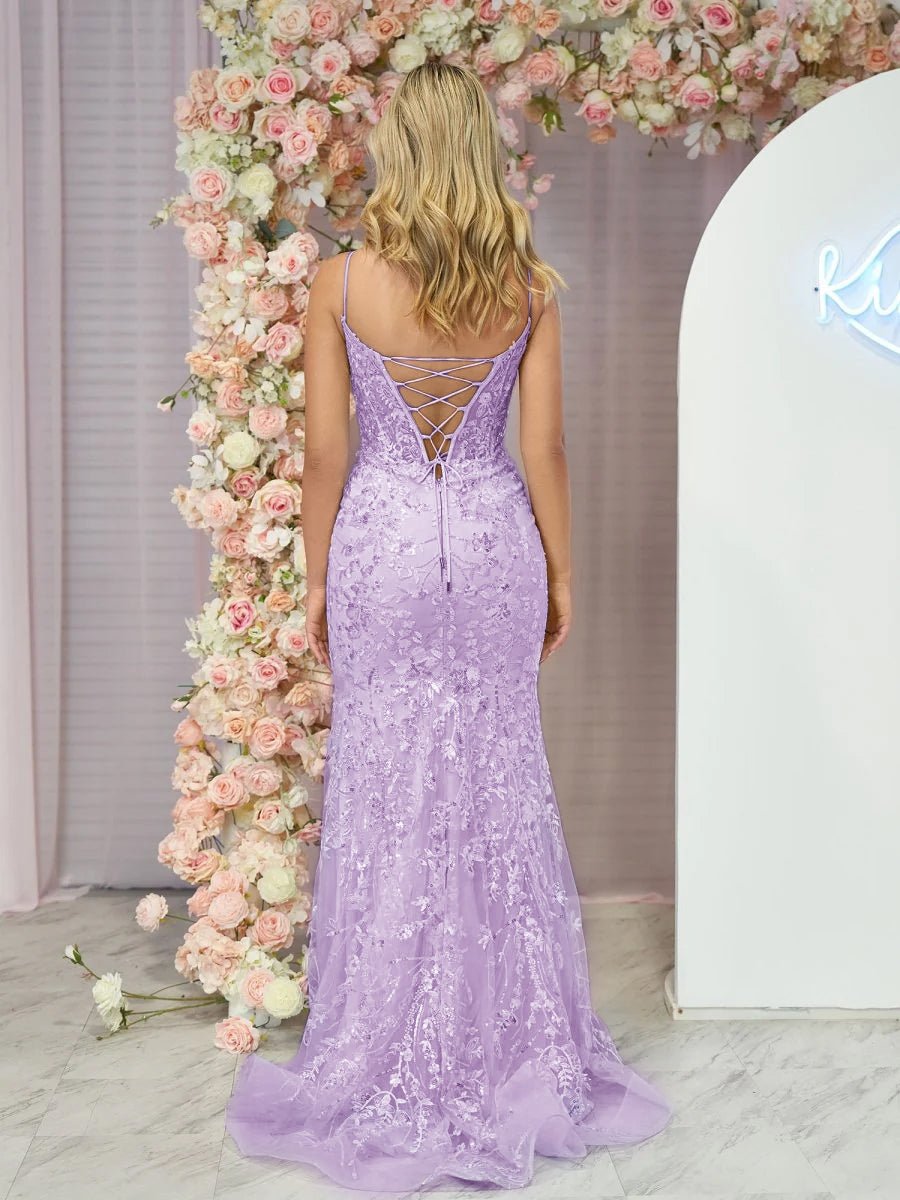 Margaret | Straps Light Blue V-Neck Sequin Appliques Mermaid Prom Dress