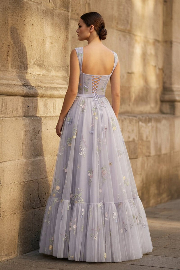 A - line Lilac Tea Length Tulle Prom Dress with Embroidery - KissProm
