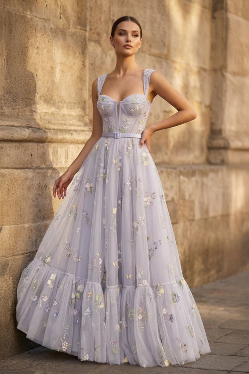 A - line Lilac Tea Length Tulle Prom Dress with Embroidery - KissProm