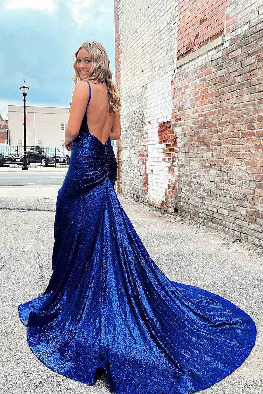 Straps Mermaid Prom dress with Slit in Royal Blue - KissProm