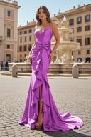 Straps V - Neck Satin Mermaid Prom Dress with Bow - KissProm