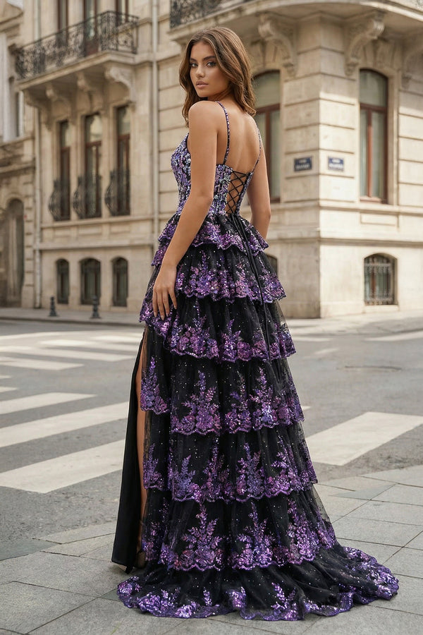 KissProm- Purple Straps Sequin Layered Formal Dress with Slit