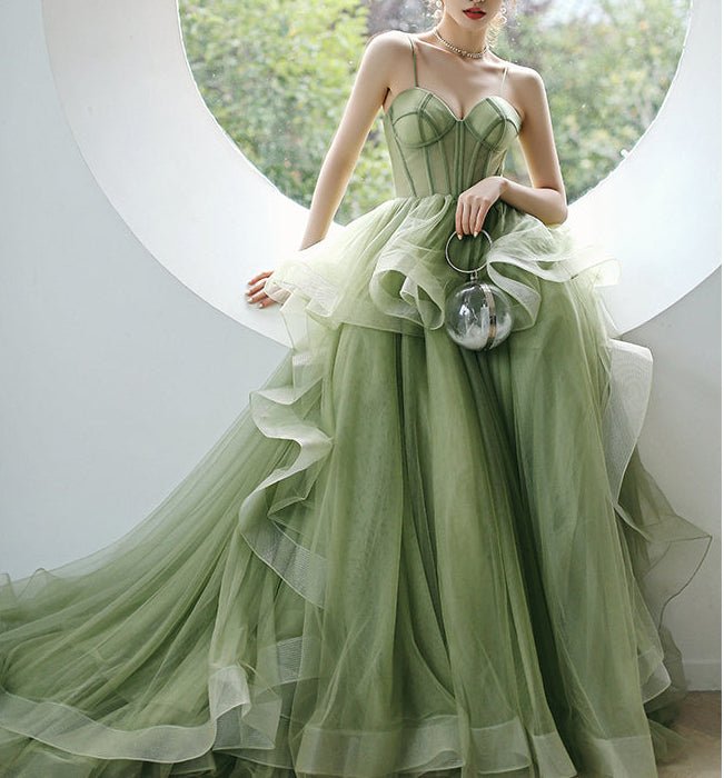 Spaghetti Straps Sage Green Ball Gown Quinceanera Dresses