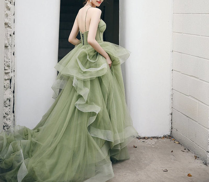 Sweet Spaghetti Straps Mint Green Tulle Ball Gown Formal Quinceanera Dress With Bow SP2218
